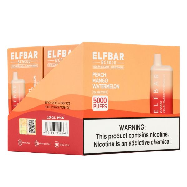 Elf Bar BC5000 1Pk Disposable Vape Best Flavor Peach Mango Watermelon