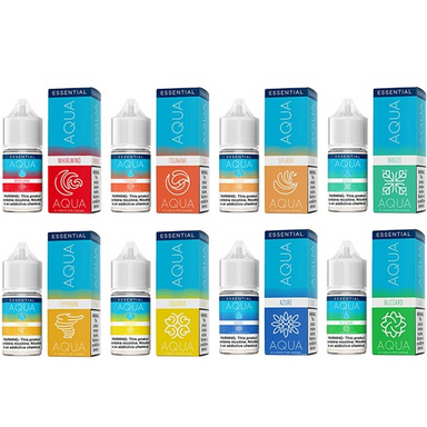 AAqua Essentials Synthetic Salt Nicotine Vape Juice 30mL Best Flavors Whirlwind Tsunami Splash Breeze Typhoon Equinox Azure Blizzard