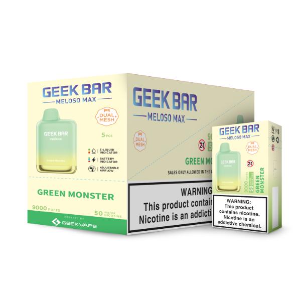 Best Deals Geek Bar Meloso MAX 9000 Puffs Disposable Vape 14mL Best Flavor Green Monster