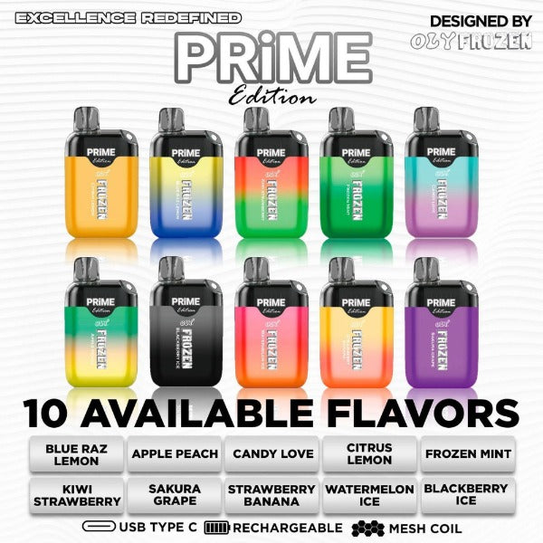 Oly Frozen Prime Edition 6500 Puffs Disposable Vape 10 Pack 13mL Best Flavors Blue Raz Lemon Apple Peach Candy Love Citrus Lemon Frozen Mint Kiwi Strawberry Sakura Grape Strawberry Banana Watermelon Ice Blackberry Ice