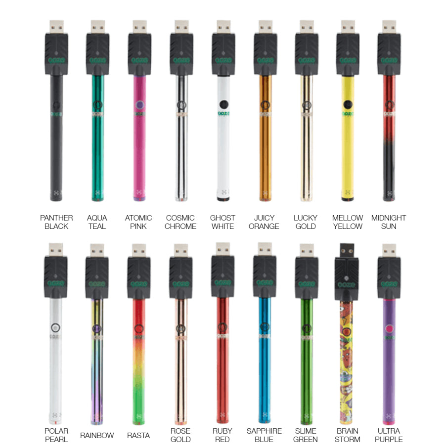 Ooze Slim Twist Pen 2.0 Best Colors Panther Black Aqua Teal Atomic Pink Cosmic Chrome Ghost White Juicy Orange Lucky Gold Mellow Yellow Midnight Sun Polar Pear Rainbow Rasta Rose Gold Ruby Red Sapphire Blue Slime Green Brain Storm Ultra Purple