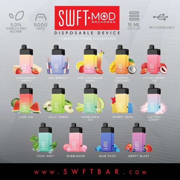 SWFT Mod 5000 Puffs Disposable 15mL 10 Pack Best Flavors Strawberry Wafer Red Energy Pink Lemonade Slush Mango Coconut Lychee Berry Ice Lush Ice Jolly Green Honeydew Ice Gummy Bear Cotton Candy Cool Mint Bubblegum Blue Razz Berry Blast